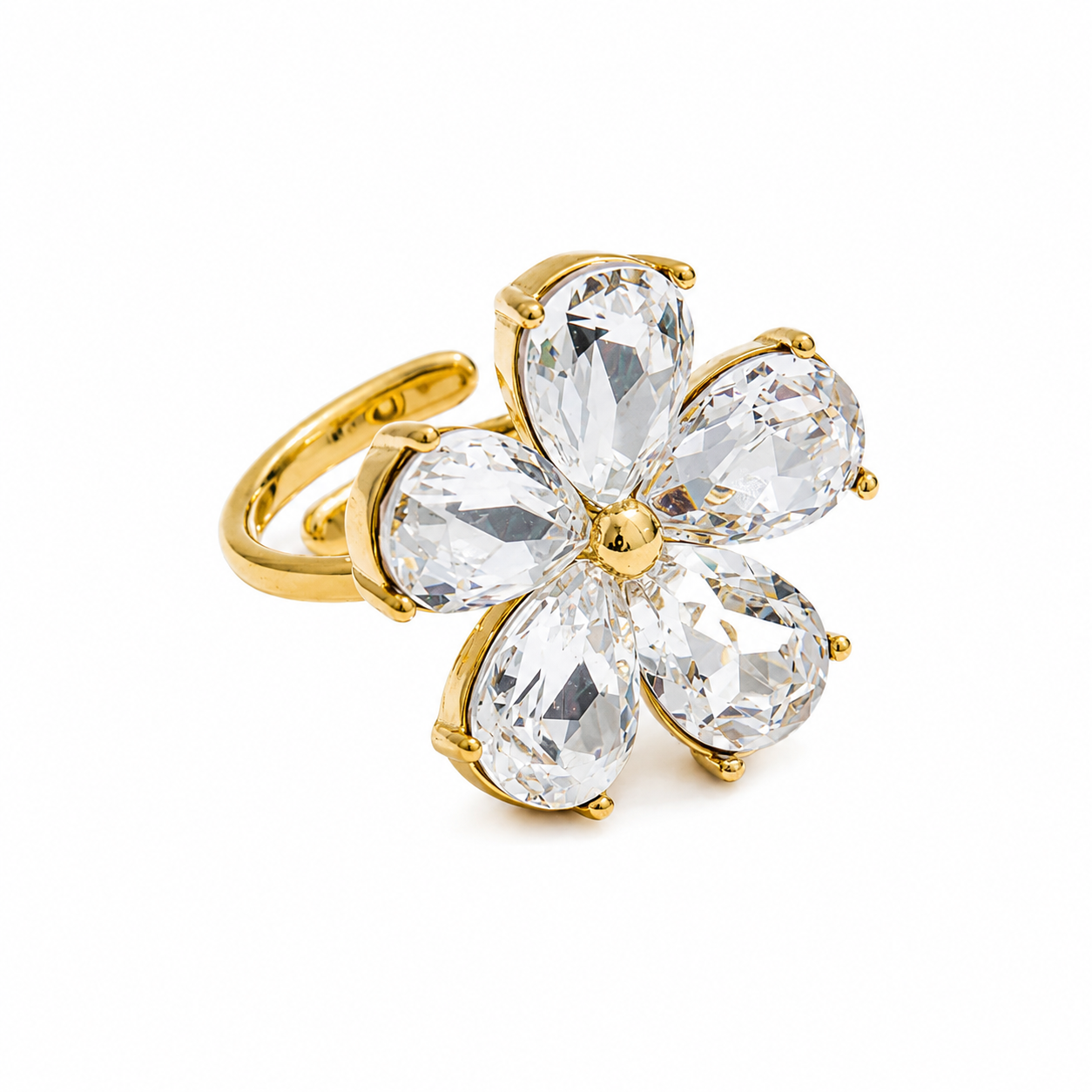 Anel Ajustável Crystal Flower Banhado A ouro