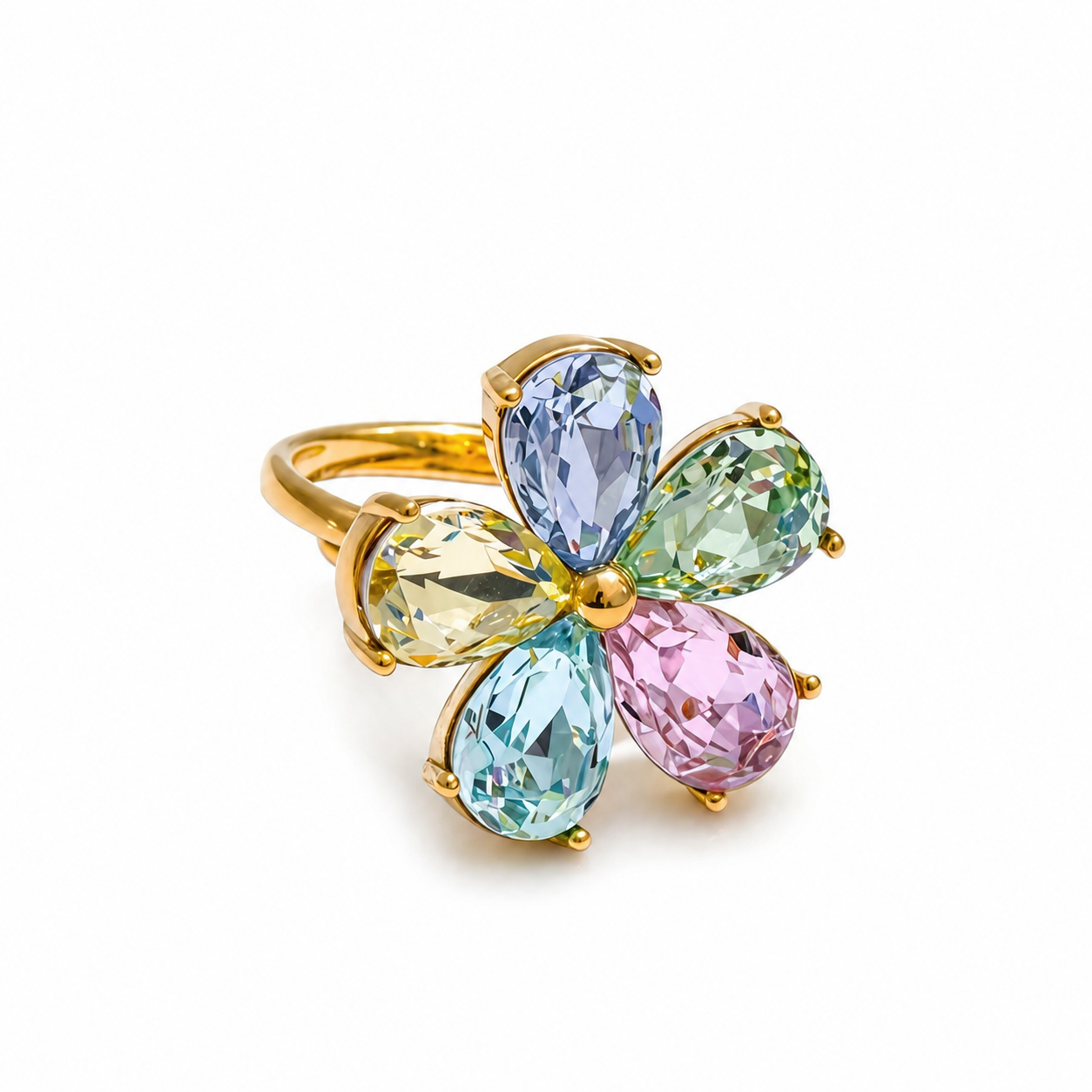 Anel Ajustável Crystal Flower Banhado A ouro