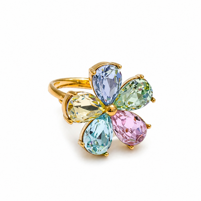 Anel Ajustável Crystal Flower Banhado A ouro