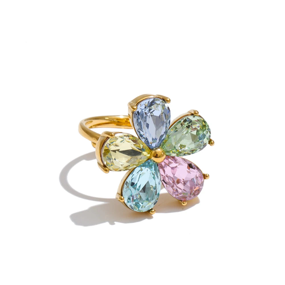 Anel Ajustável Crystal Flower Banhado A ouro
