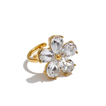 Anel Ajustável Crystal Flower Banhado A ouro